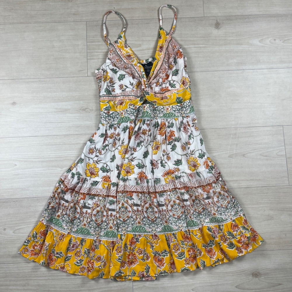 Angie Floral Boho Sun Dress Yellow Orange Tiered Smocked Back Rayon Mini SzM NWT